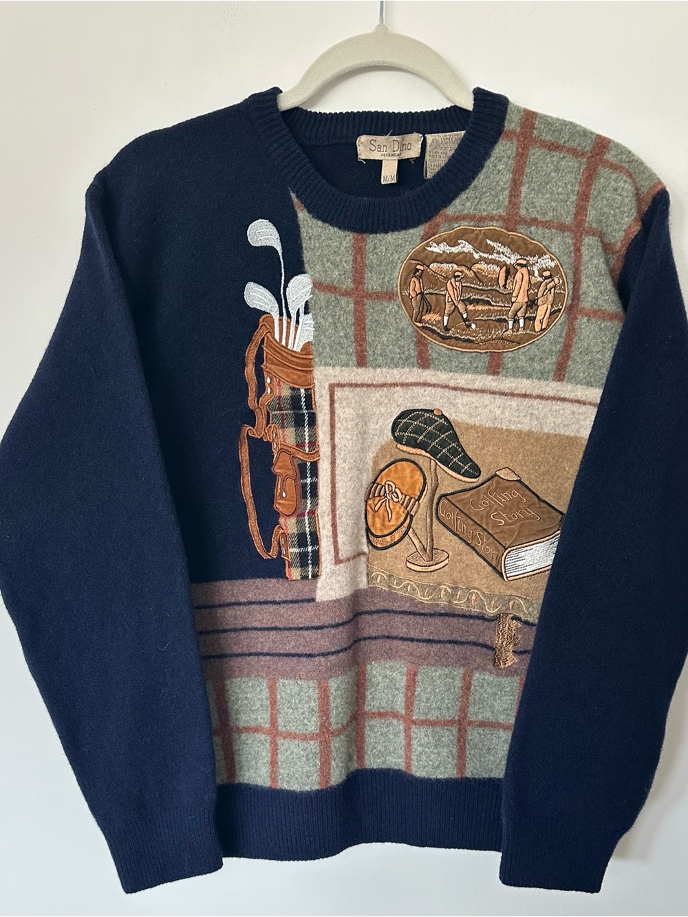 San Dino Vintage Golf Story Sweater Heritage Embroidered Wool Appliqué M Unisex